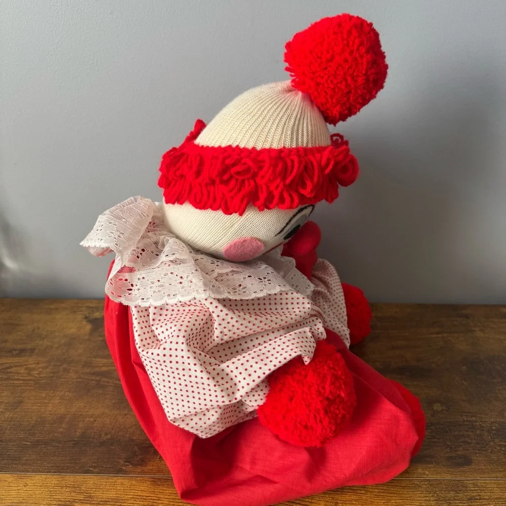 Vintage Large 26‎ Inch Cloth Clown Doll Red White Polka Dot Lace Yarn Hair
